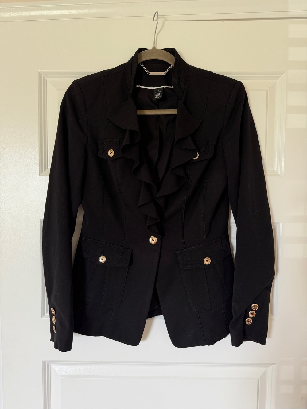 White House Black Market Black Ruffle Front Blazer with Gold Buttons